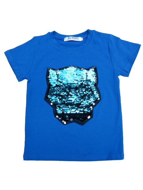 Little Kids Unisex Blue Flip Sequins Black Panther Crewneck T-Shirt 18M-2T - SophiasStyle.com
